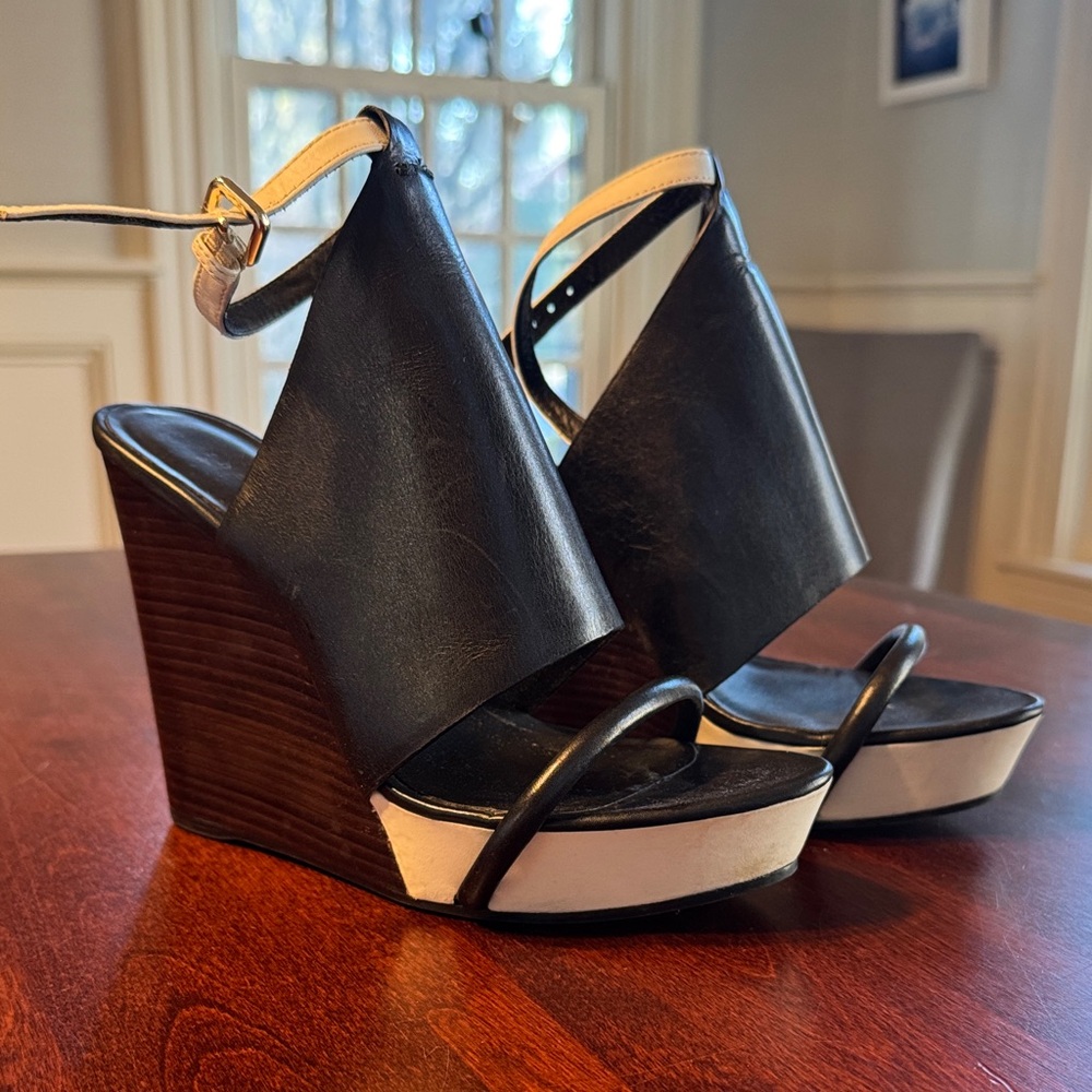 Theory Black and Cream Wedge Sandals